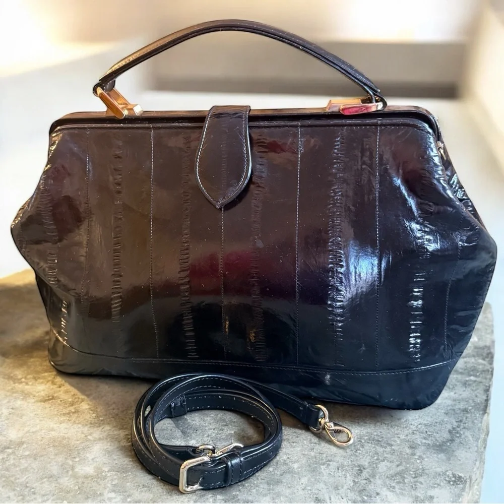 Sunsea Vintage Black Eel Skin Top Handle Crossbody 90s Structured Frame Bag